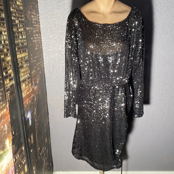FREE PEOPLE - NWT - dress: black sequin l/s midi w adj. asymmetric skirt - L - Picture 2 of 16